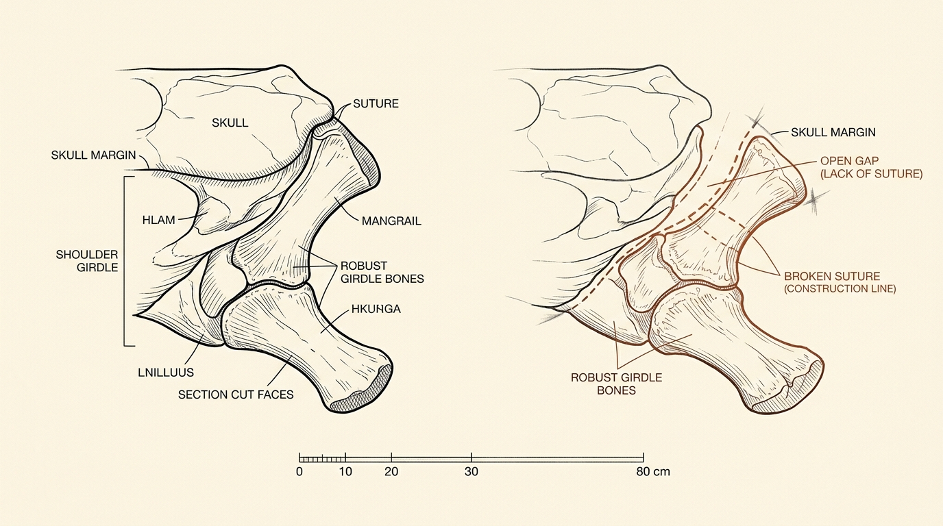 A comparative plate drawing the shoulder girdle and adjoining skull margin of a generalised Devonian fish beside that of Tiktaalik roseae at one common scale, showing the gap that opens between skull and girdle in the second
