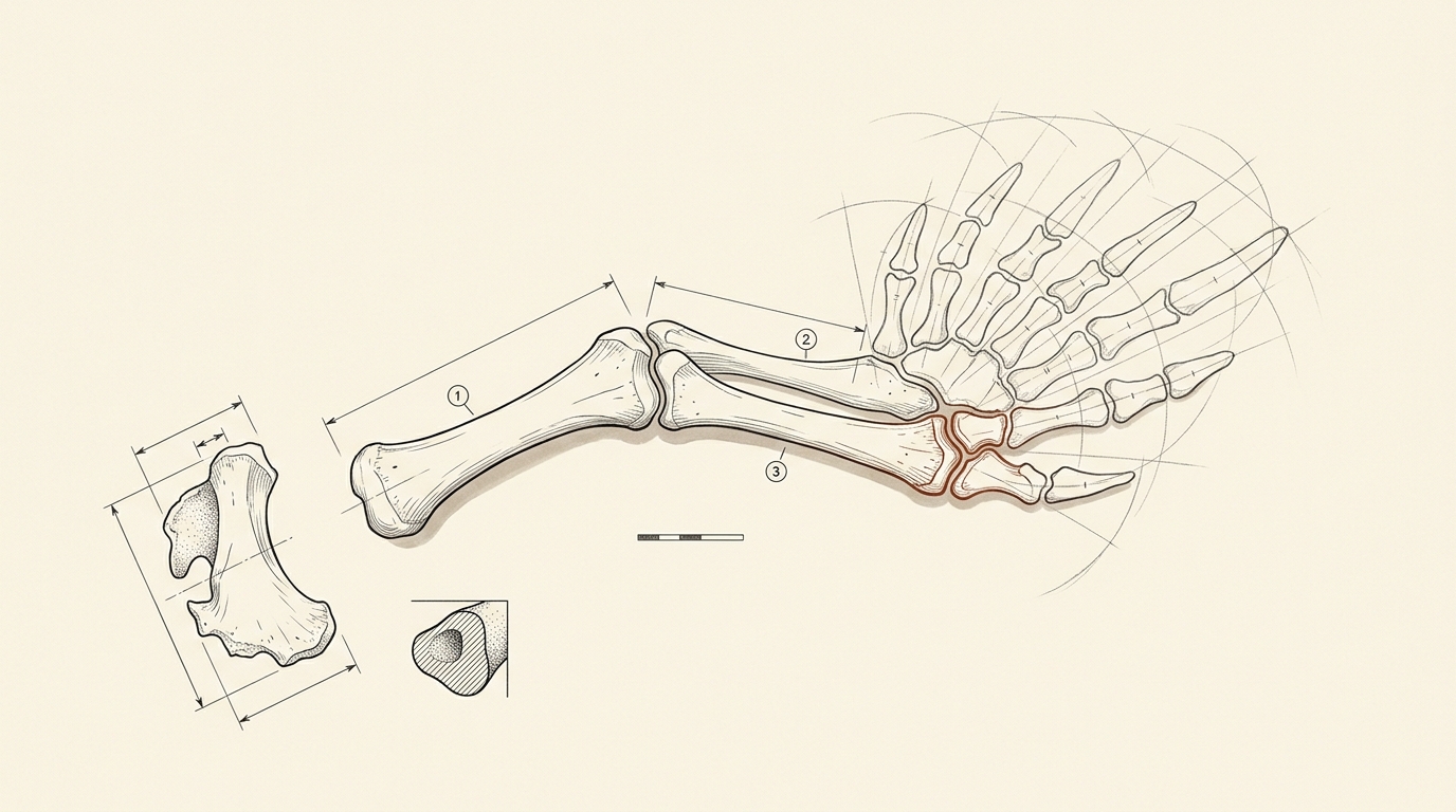 A measured record drawing of the right pectoral fin skeleton of Tiktaalik roseae on a cream drafting sheet, proximal limb bones fully dimensioned and a distal array of small wrist-like bones still under construction lines, one distal joint picked out in red-brown