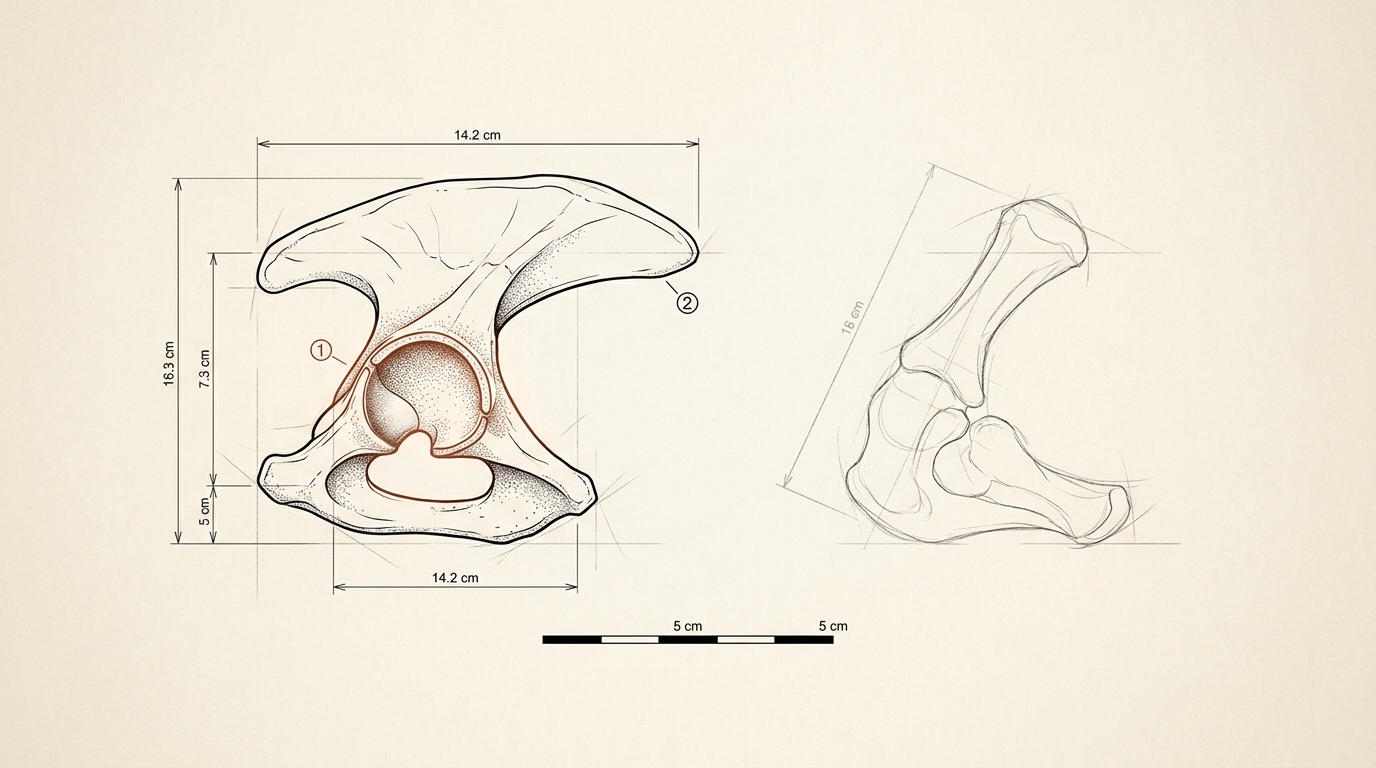 A measured record drawing of the pelvic girdle and fin base of Tiktaalik roseae, dimensioned beside a matched-scale outline of its own pectoral girdle to show the two are nearly equal in size, the acetabulum socket accented in red-brown