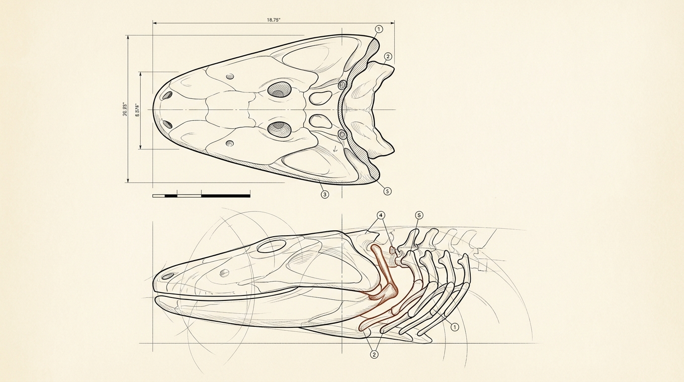 An orthographic plate of the skull of Tiktaalik roseae in plan and lateral view aligned on one baseline, the short straight hyomandibula and gill-arch skeleton dimensioned, one element accented in red-brown