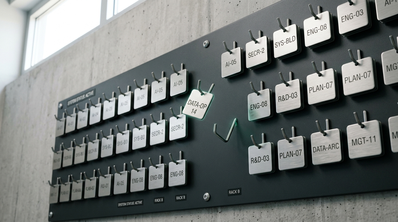 A wall-mounted board of small hanging capability tags with one tag caught mid-lift off its hook, the empty hook beside it still swinging slightly