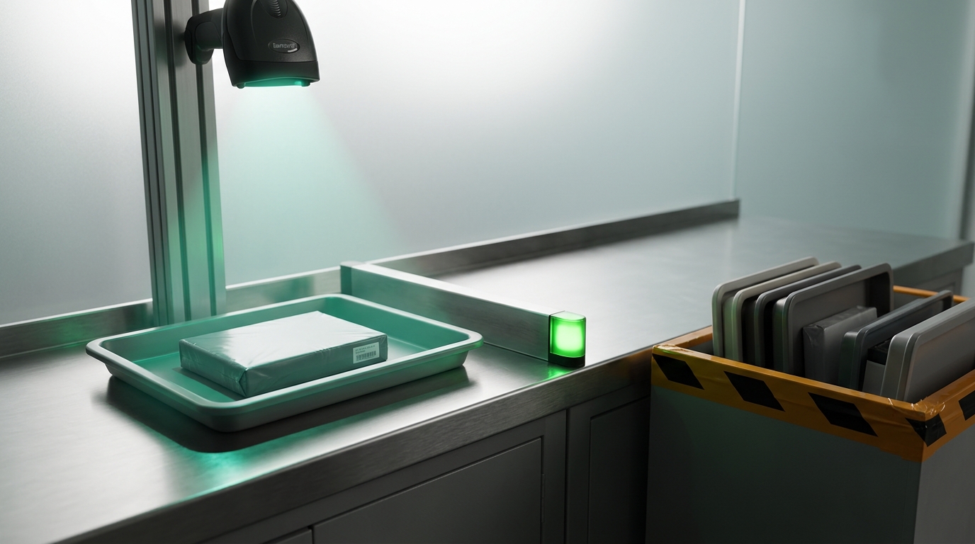A software package tray paused under a barcode scanner beam on an intake counter, an accept lane glowing green ahead of it and a reject bin with amber tape standing to the side