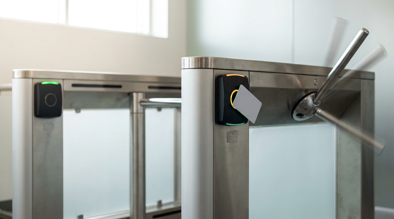 A badge-reader turnstile in a bright vault entrance with the gate arm caught mid-swing as a scoped credential card is held to the reader, one lane light still amber and the far lane already green