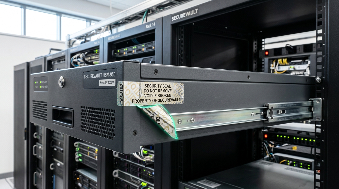 A rack-mounted hardware security module drawn part-way out of its rack on rails, its tamper-evident foil seal half-peeled back from one edge and not yet fully removed