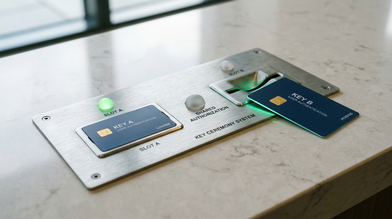A dual-control key-ceremony console with one smart card fully seated in its slot and a second card still short of its own slot, the shared unlock indicator between them still dark