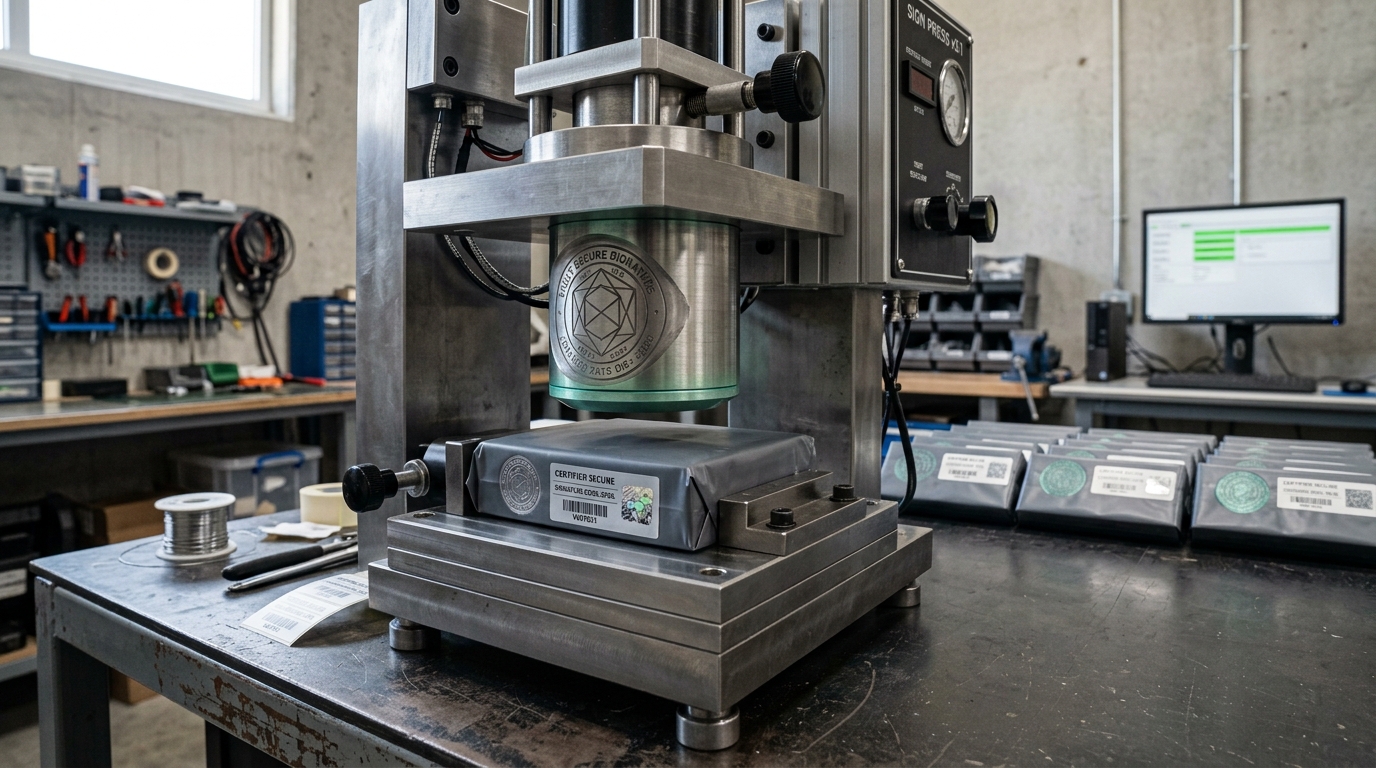 A code-signing press with its stamping head caught mid-descent just above a clamped software package, not yet making contact, a row of already-signed packages waiting to the side