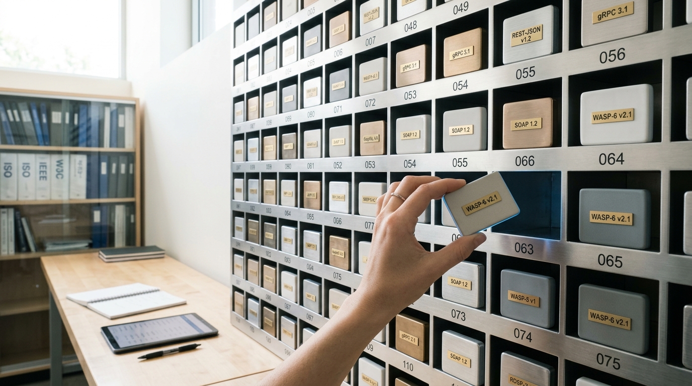 A satin-steel specimen wall of numbered cubbies holding small conformance blocks, with one block held in the air just short of its empty cubby