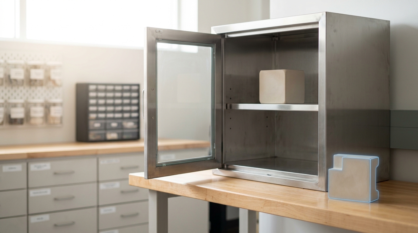 A glass-fronted reference cabinet holding one master conformance block, its door ajar, with a second candidate block resting on the bench just outside it