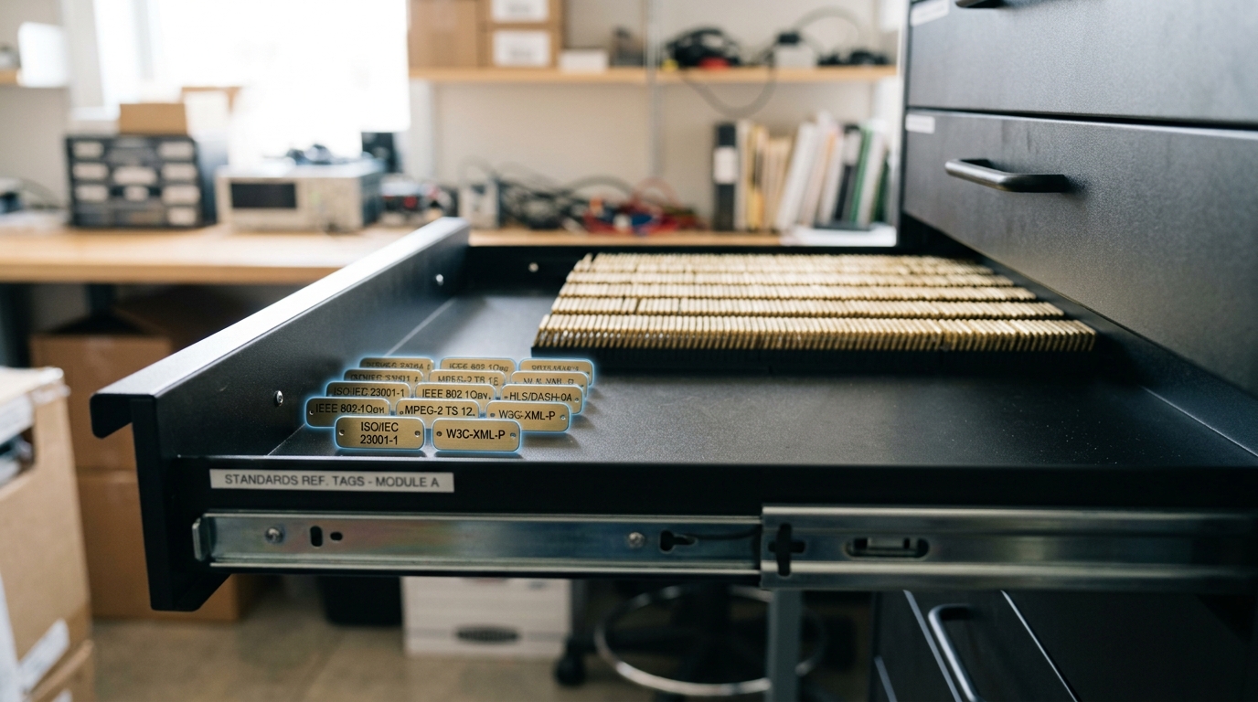 A shallow drawer of brass specimen tags pulled open on a bench, most tags blank and a few freshly marked ones set apart in one corner