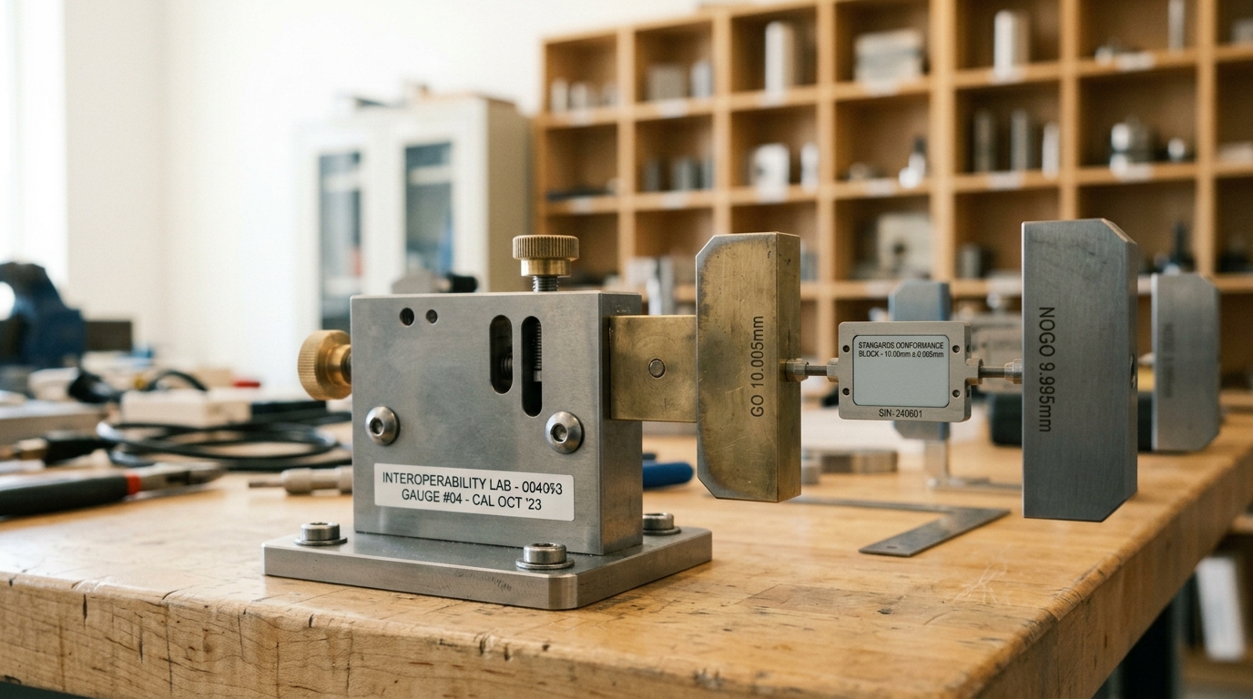 A go/no-go snap-gauge fixture on a bench with a candidate conformance block held between its jaws, the jaws not yet closed around it