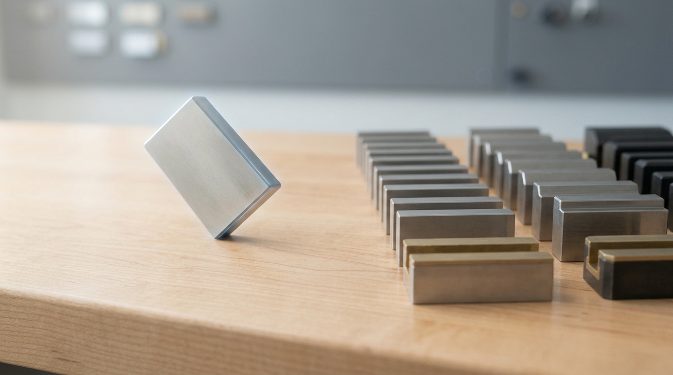 Two gauge-block families with visibly different face profiles lying side by side on a bench, one block lifted and tilted as if being tried against the other family's fixture without seating