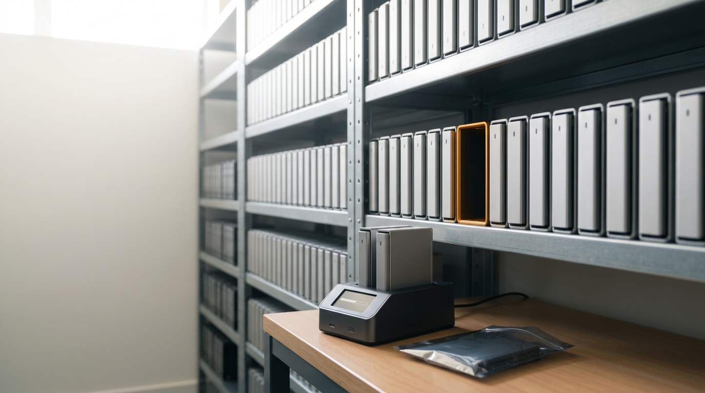 Open shelving of retained per-generation snapshot drives with one slot still empty, and at the duplicator dock below the newest snapshot still being written, its progress bar caught partway across
