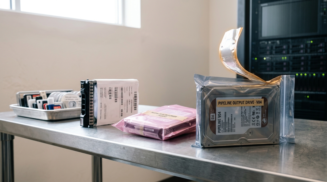 Four staged source volumes in a row on an ingest bench, the fourth one an anti-static bag caught with its seal half-peeled back and the drive inside not yet out