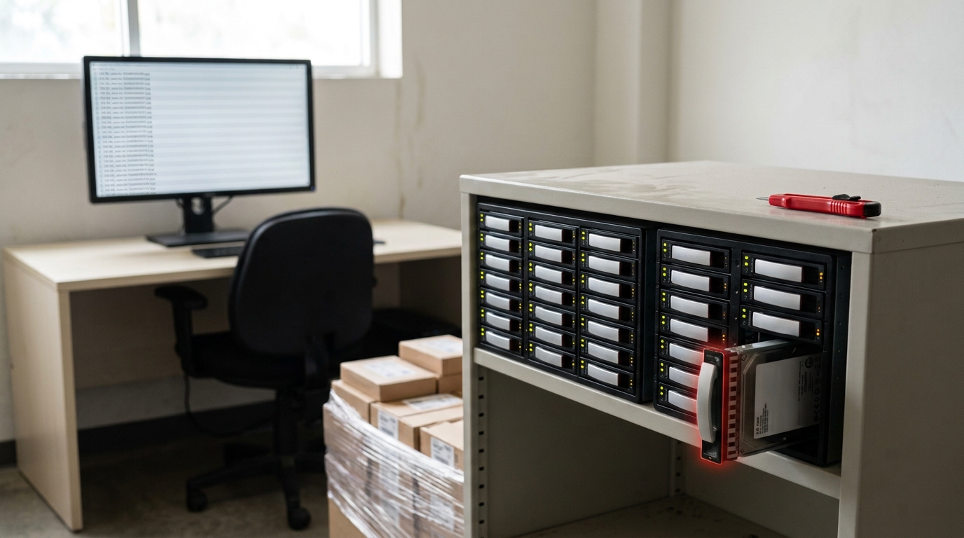 A rank of drive caddies holding successive dataset generations in a low storage array, with an ingest caddy of human-authored source data caught half-seated in the near slot, its latch still standing open