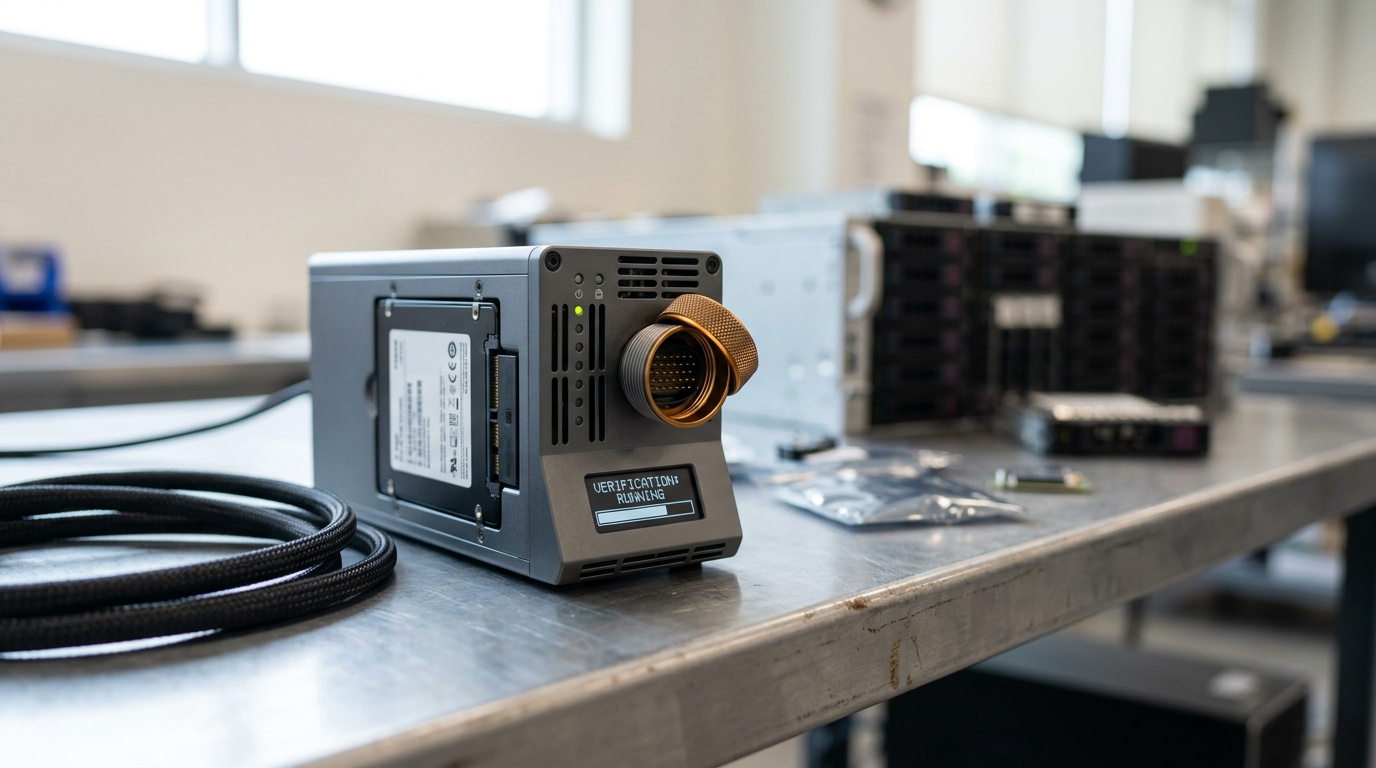 A standalone verification node on a bench apart from the pipeline, its uplink cable coiled and unmated while a dust cap is caught half-turned onto the open port and a check runs on the seated candidate drive