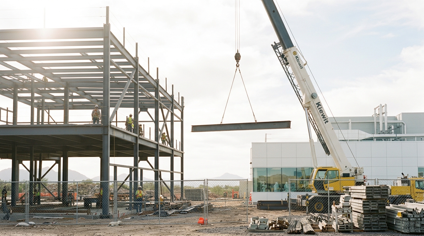 Structural steel for a new fab bay rising in bright daylight directly beside an already-operating cleanroom wing, a crane caught mid-lift with a beam still short of its final position
