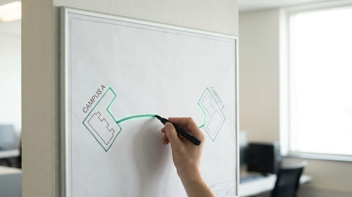 A site map pinned in a bright project office showing four fab footprints on the same campus, one shaded as complete and three left as bare outlines, with a drafting pencil resting across the boundary between finished and unbuilt