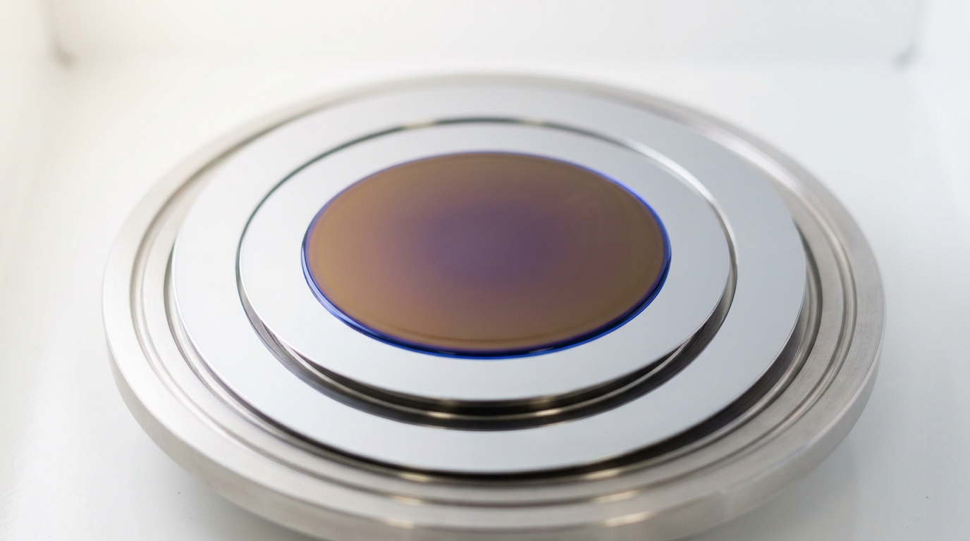 A row of HBM memory stacks on a stainless tray beside a substrate on a CoWoS integration stage, one stack lifted part-way toward its bonding position and still clear of the substrate
