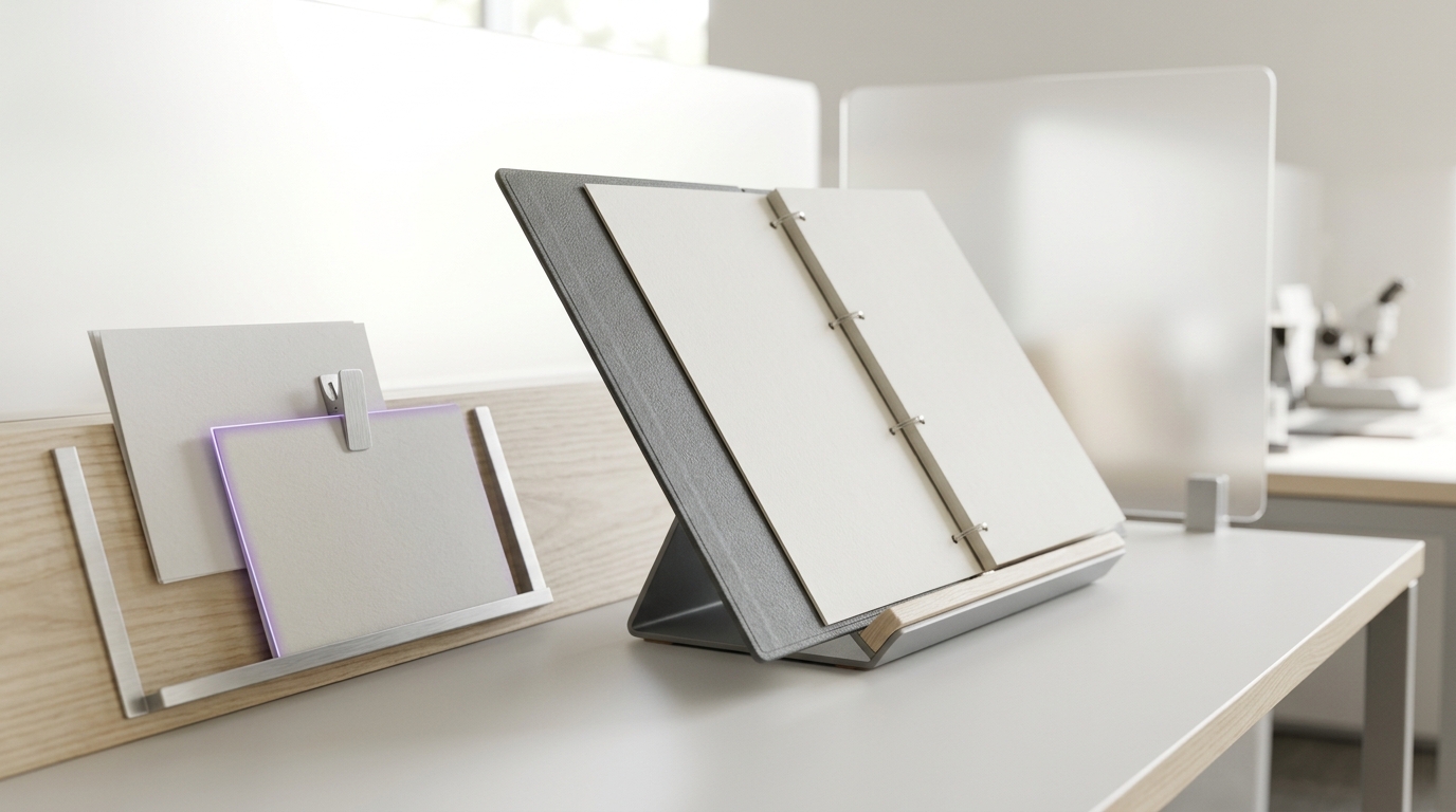 A self-critique review station on the left-hand bench, an open constitution binder propped beside a draft response card mid-revision, the revised card only half-slid from beneath the original