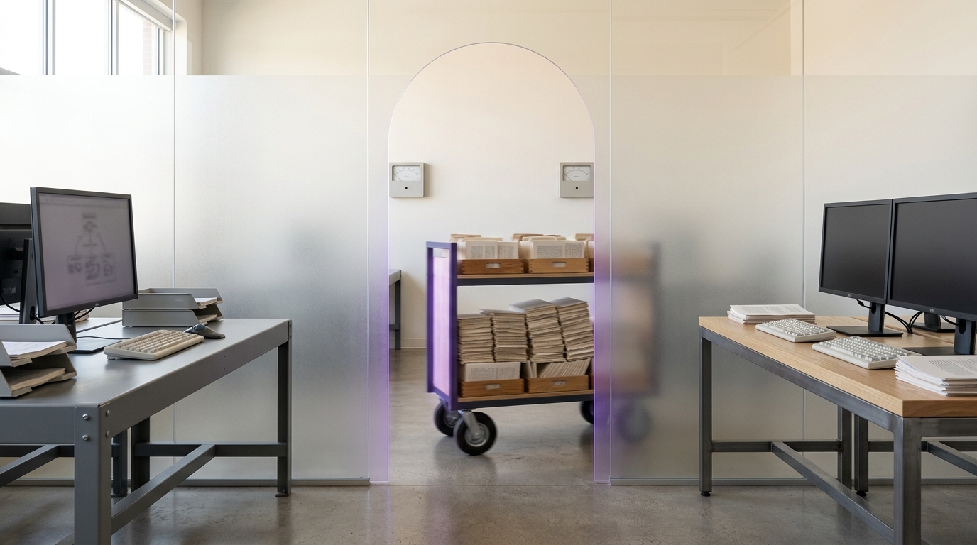 A frosted glass divider running the length of a bright research lab, two distinct training-pipeline benches receding on either side of it, a wheeled transcript cart caught mid-roll passing through the cut doorway between them