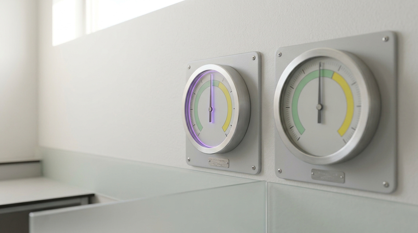 Two small wall-mounted analogue dial panels at the end of the lab, one needle caught mid-swing crossing a marked threshold line while the neighbouring panel's needle sits well short of its own line
