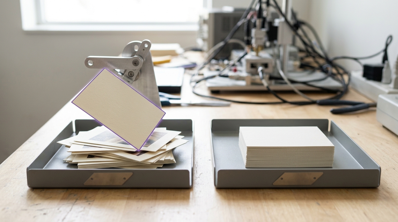 Two shallow output trays at the end of the shared bench, each holding a stack of tested cards from one pipeline, the top card on one stack turned face down mid-sort while the other stack sits untouched