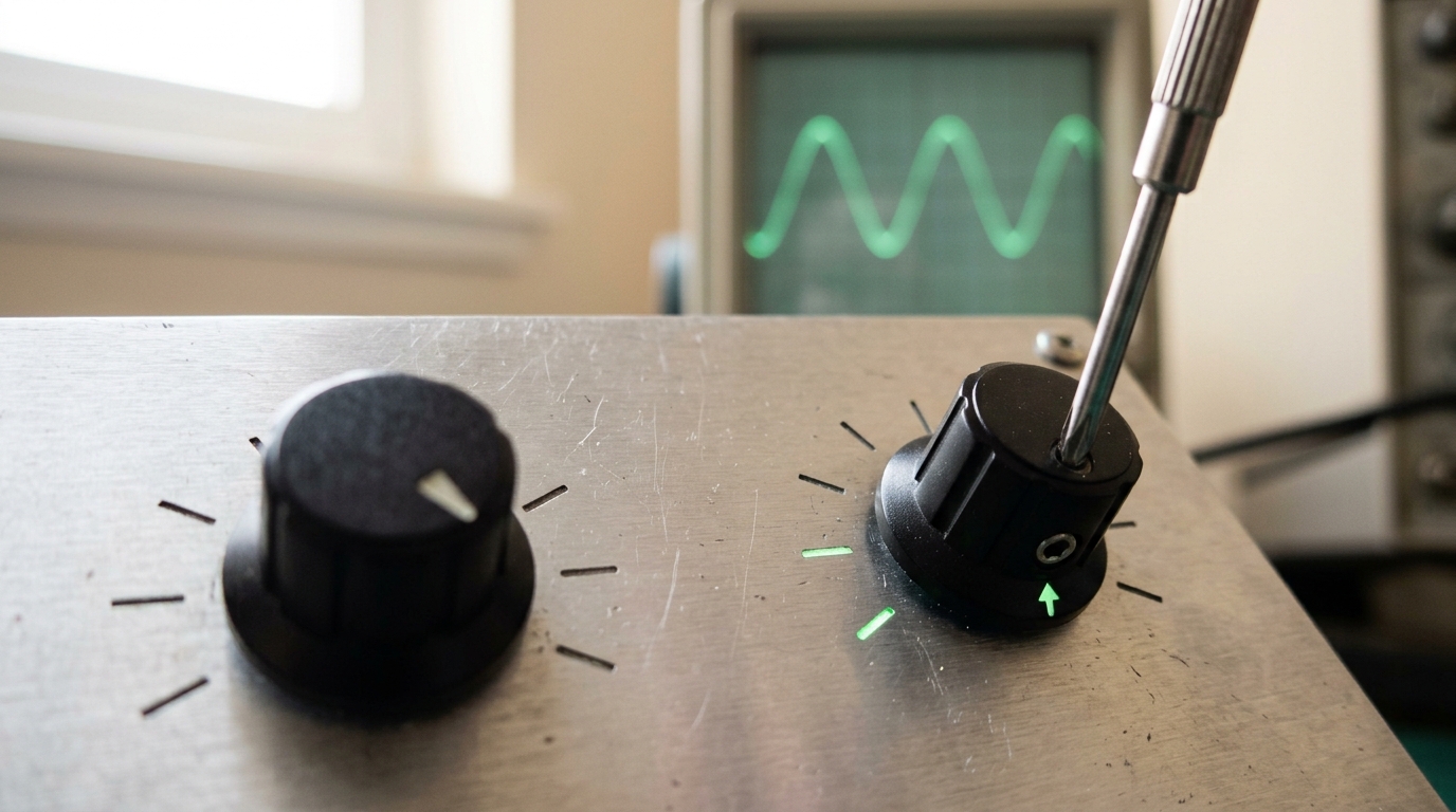 A close view of one calibration bench's rotary selector panel: the reference-instrument knob is torque-locked with a small setscrew driver still resting against it, while the subject-selector knob beside it is mid-turn between two detents