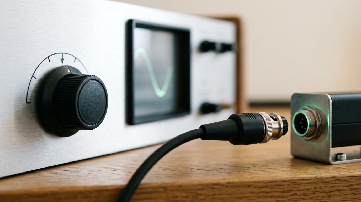 A calibration bench where the reference-instrument knob is mid-turn between two detents, and a second, smaller reference instrument sits beside the main one with its input cable unplugged and resting loose rather than seated in its socket