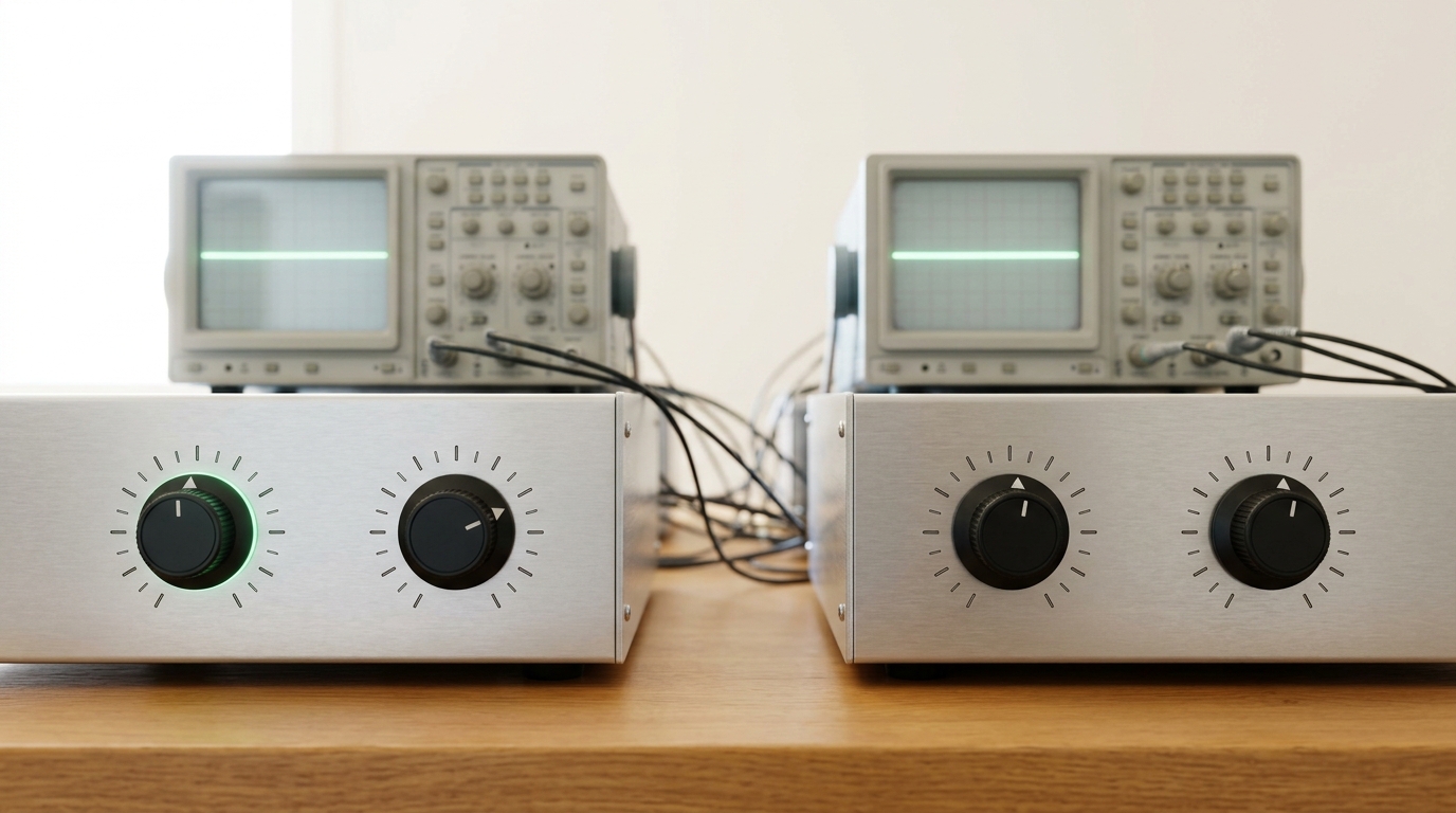 Two side-by-side instrument-calibration benches, each with an oscilloscope screen and a two-knob rotary selector; on the left bench the reference-instrument knob sits locked on a single detent while the subject knob is mid-turn, and on the right bench both knobs are caught mid-turn together