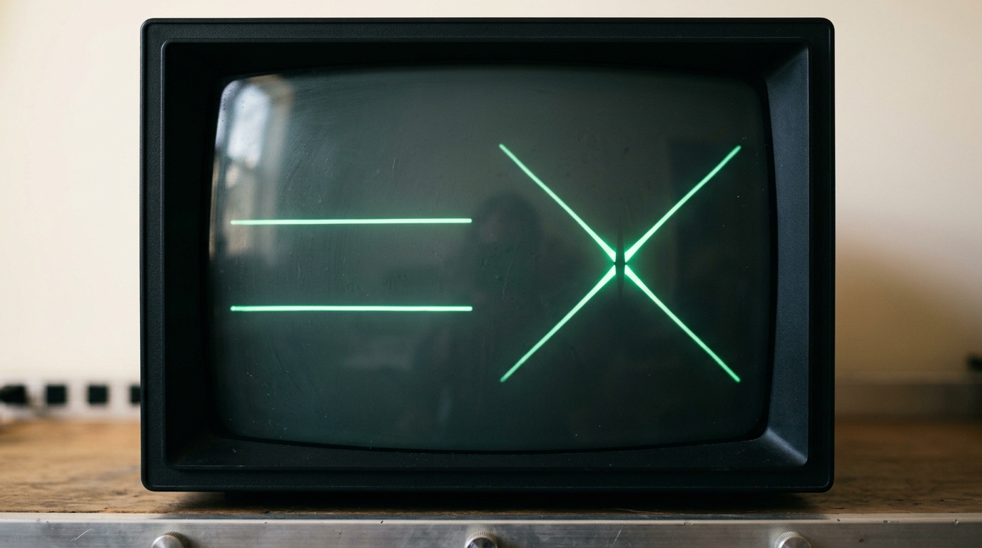 A single oscilloscope screen displaying two pairs of glowing trace lines side by side; the left pair still shows a visible gap between the two traces while the right pair has just crossed and now overlaps almost completely