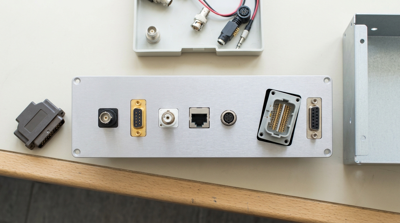 A bulkhead panel part-populated with a row of small distinct keyed jacks, the last insert still tilted in its cutout, and a single large undifferentiated multiway connector of the same overall footprint lying beside it