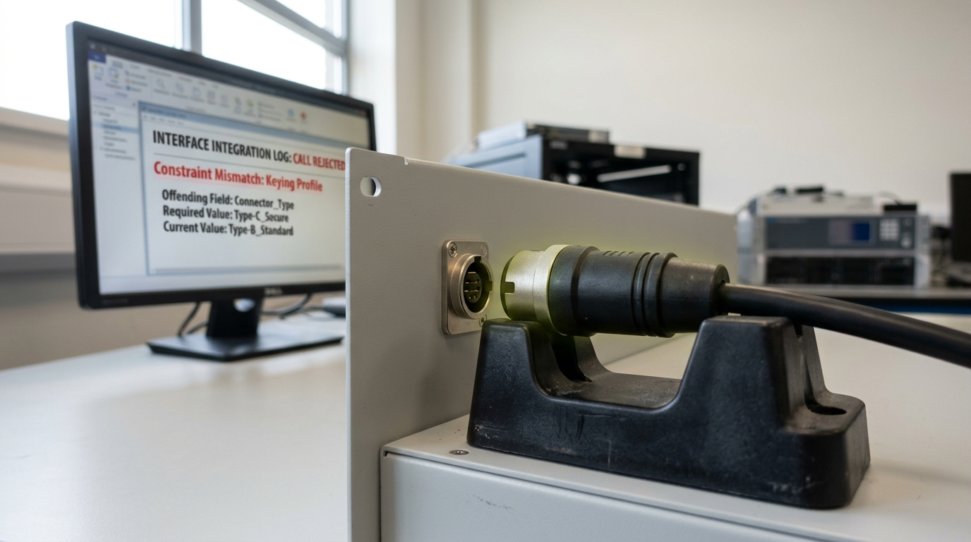A keyed plug resting in a bench cradle with its nose stopped a finger's width short of a bulkhead receptacle, and a workstation screen behind showing a rejected call with the constraint it broke and the value that would satisfy it