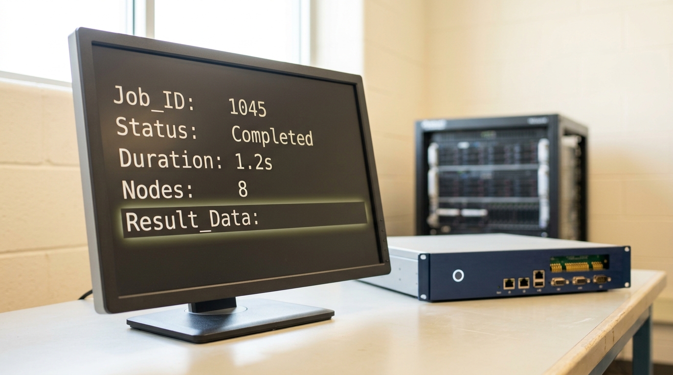 A workstation screen on a bright lab bench showing a returned tool result still painting in row by row, with an API gateway appliance behind it carrying a single plain unlit status lamp