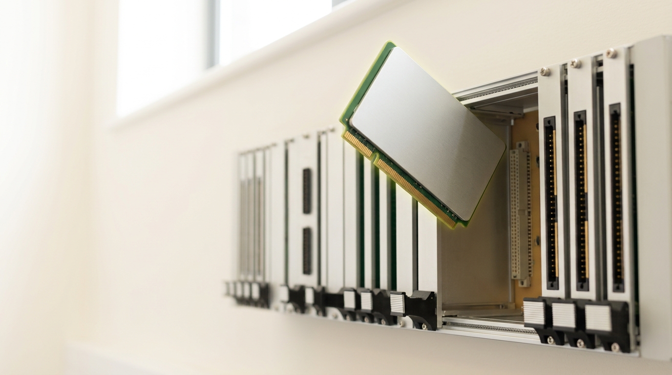 A wall of keyed card slots and plug-in modules in a bright integration lab, with one card lifted clear of its bay and held in the air above an open slot it has not yet entered