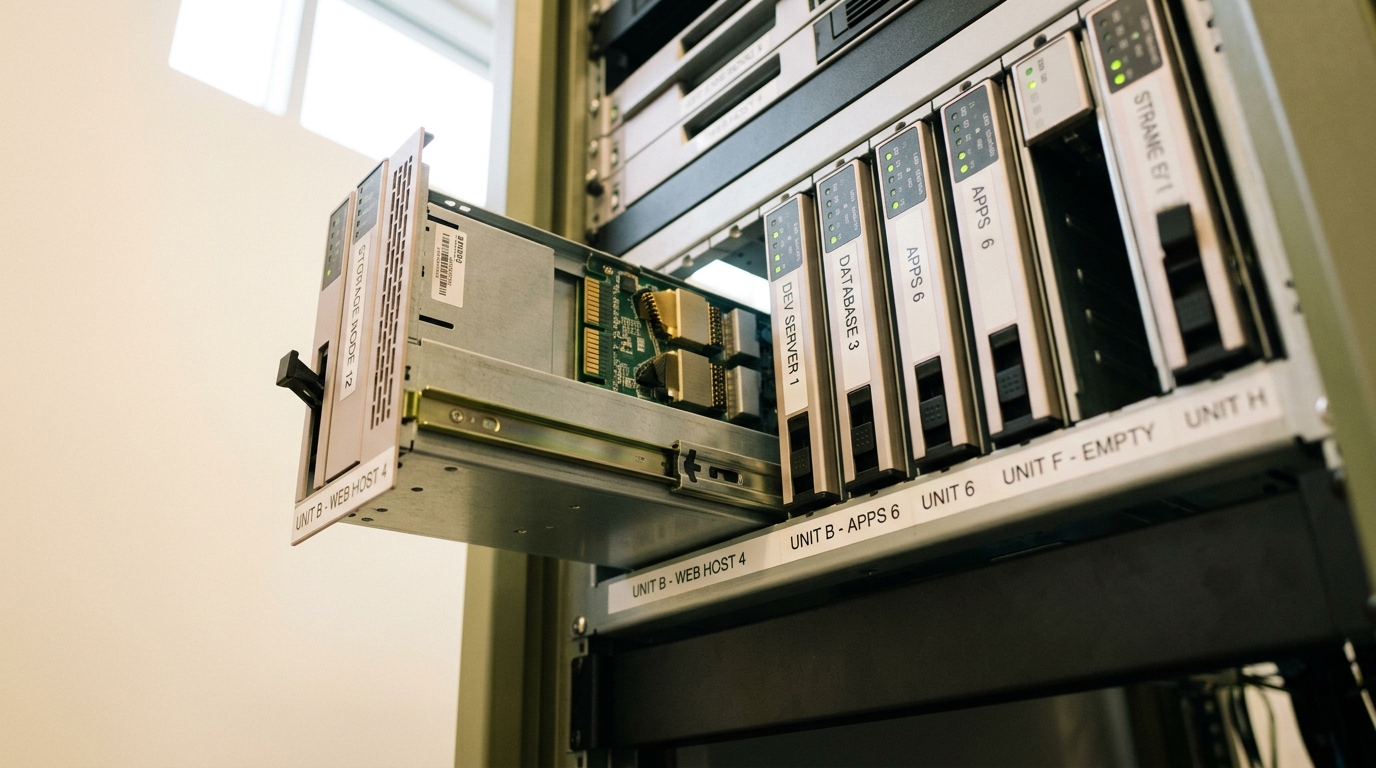 A rack of tool servers seen from below, one unit caught part-slid out on its extended rails from a bay whose printed front legend describes a different machine, with an empty matching bay further along the row