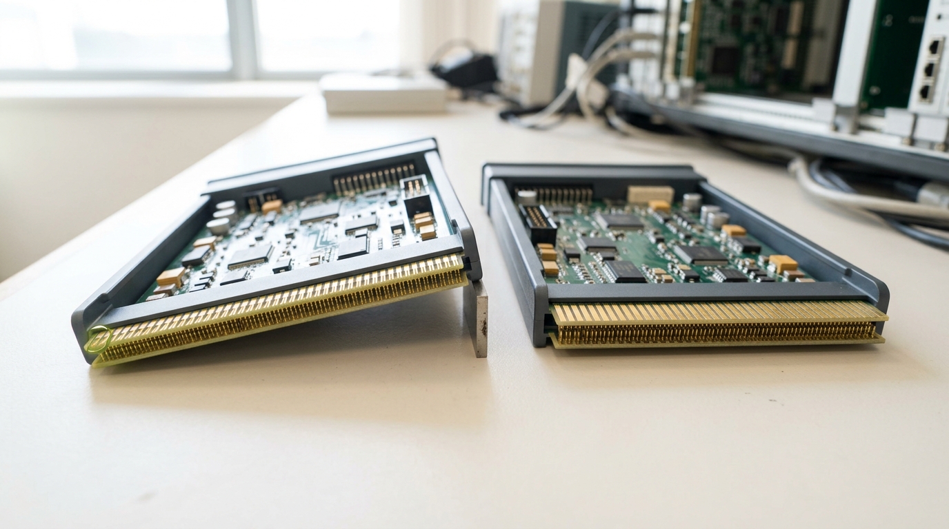 Two outwardly identical plug-in modules lying side by side on a pale bench, their gold-flash contact fingers matched and their internal boards mirrored, the nearer one still rocking after being set down