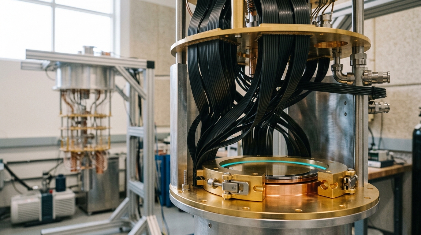 A second, denser cryostat tower housing an annealing processor, its flux-bias loom descending in tight parallel ribbons toward a shielded chip puck whose mounting clamp is not yet fully closed