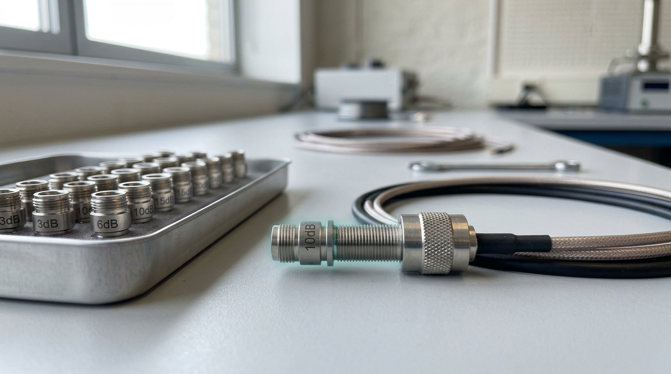 A cryogenic wiring bench with a tray of fixed-value step attenuators sorted by decibel marking, one attenuator half-threaded into a signal coupling