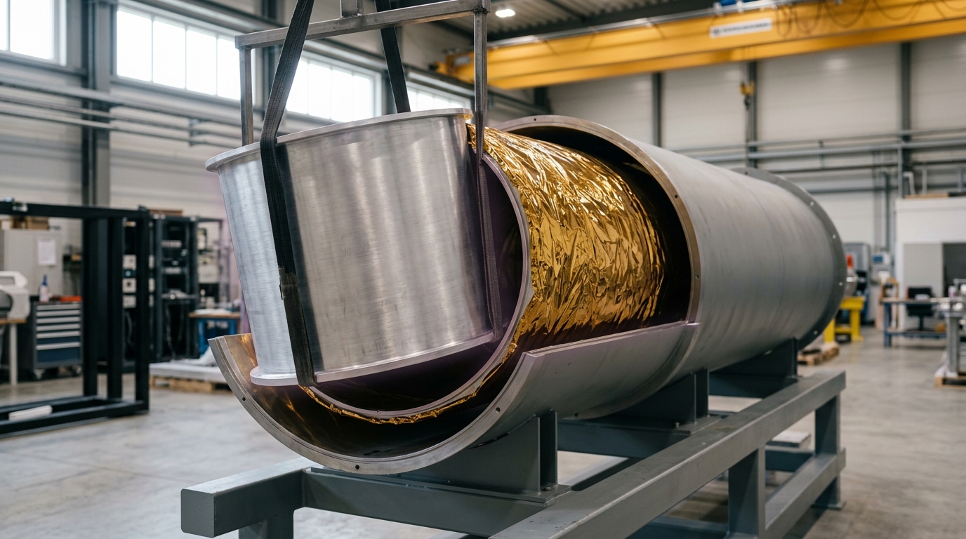 A dilution refrigerator's nested cryostat stages hanging open on a service hoist in a quantum-computing hall, gold-plated copper plates exposed with coaxial-line looms threaded between them before the outer shield is lowered