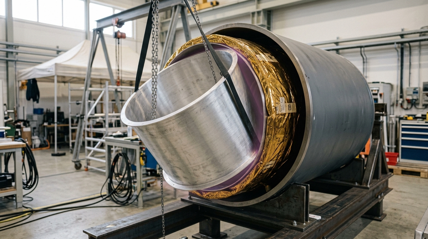 A gold-plated radiation shield partway down its hoist cable onto a fully wired cryostat stage, its coaxial and flux-bias looms already dressed and clipped for the run about to begin