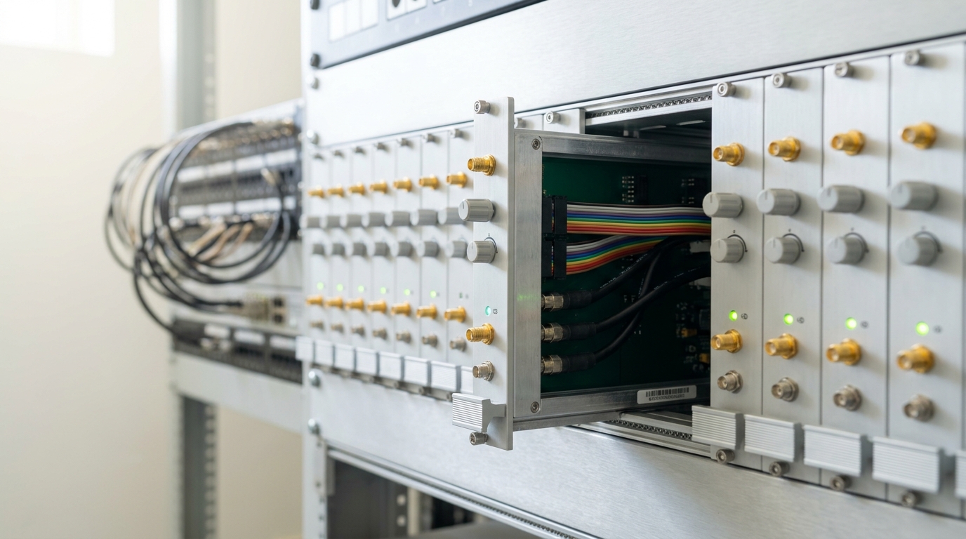 A microwave electronics rack room with a row of arbitrary-waveform channel modules, one module partly withdrawn on its rails mid-swap while its neighbours stay seated and lit