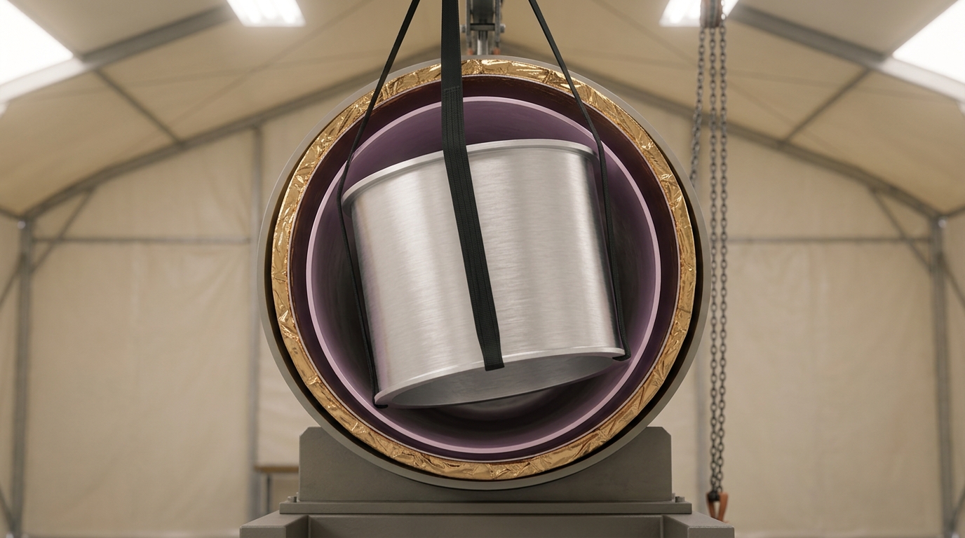 A cryogenic coaxial-line loom threading down between two stages of an open dilution refrigerator, one semi-rigid connector caught mid-turn onto its mating jack