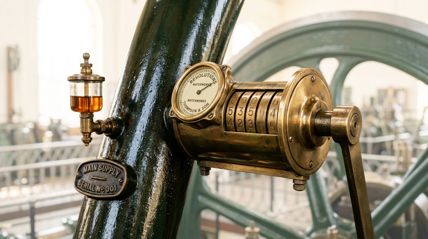 A polished brass counter mounted on the column of a municipal waterworks pumping engine, its lowest digit wheel caught halfway between two figures, with the flywheel rim and the tall windows of the engine house soft behind