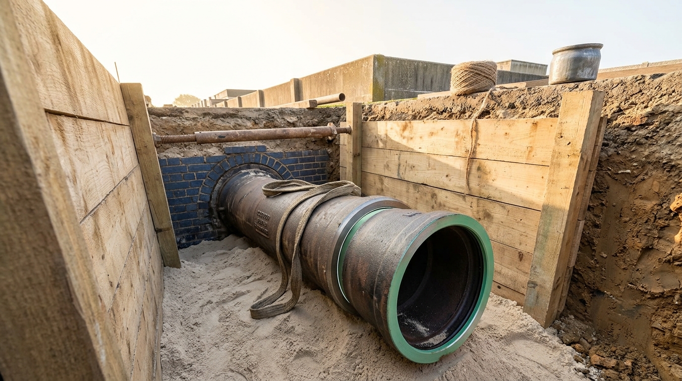 An open street trench with a new cast iron water main part-entered into the socket of the pipe ahead of it and a strip of daylight still showing at the joint, the brick crown of an interceptor sewer exposed below it and the low parapets of open sand filter beds beyond