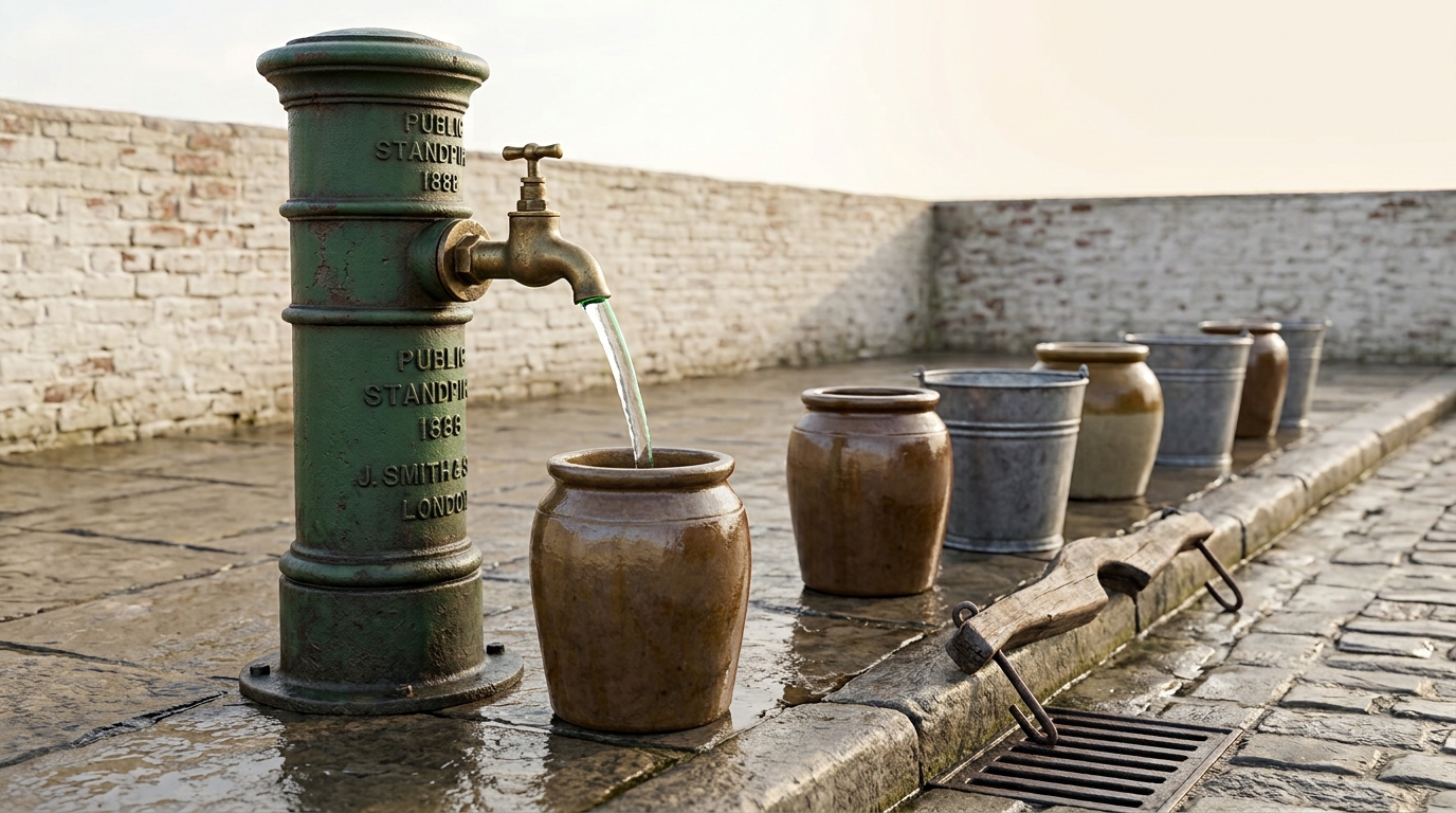 A cast iron pillar standpipe on wet flagstones with foundry lettering raised on its shaft and a brass tap running into a glazed earthenware jar that is only part full, a line of waiting vessels stepping away behind it and a wooden yoke leaning on the stone kerb