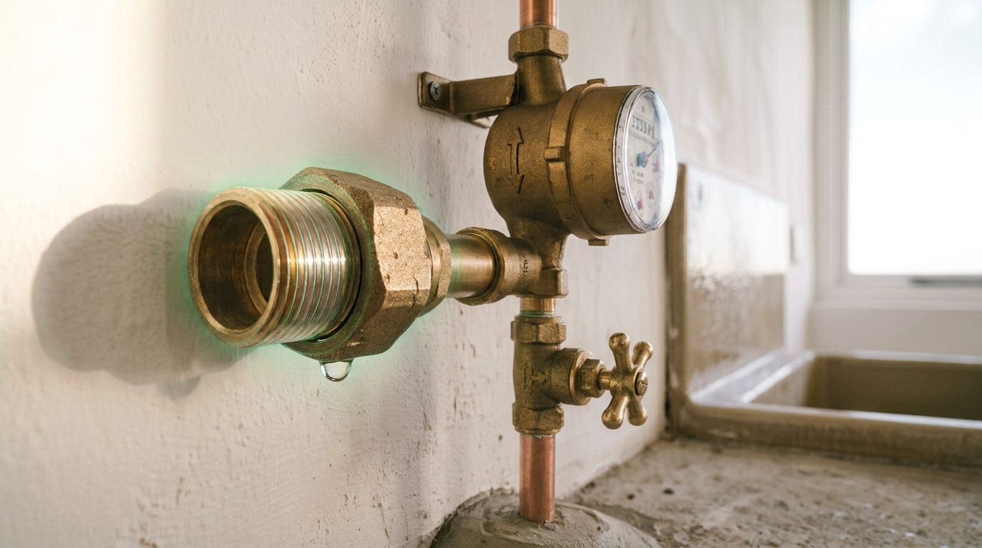 A new service pipe entering a house at a stop tap and meter, the meter's outlet union nut only part-run onto its thread with bright turns still showing, a single bead of test water standing on the joint