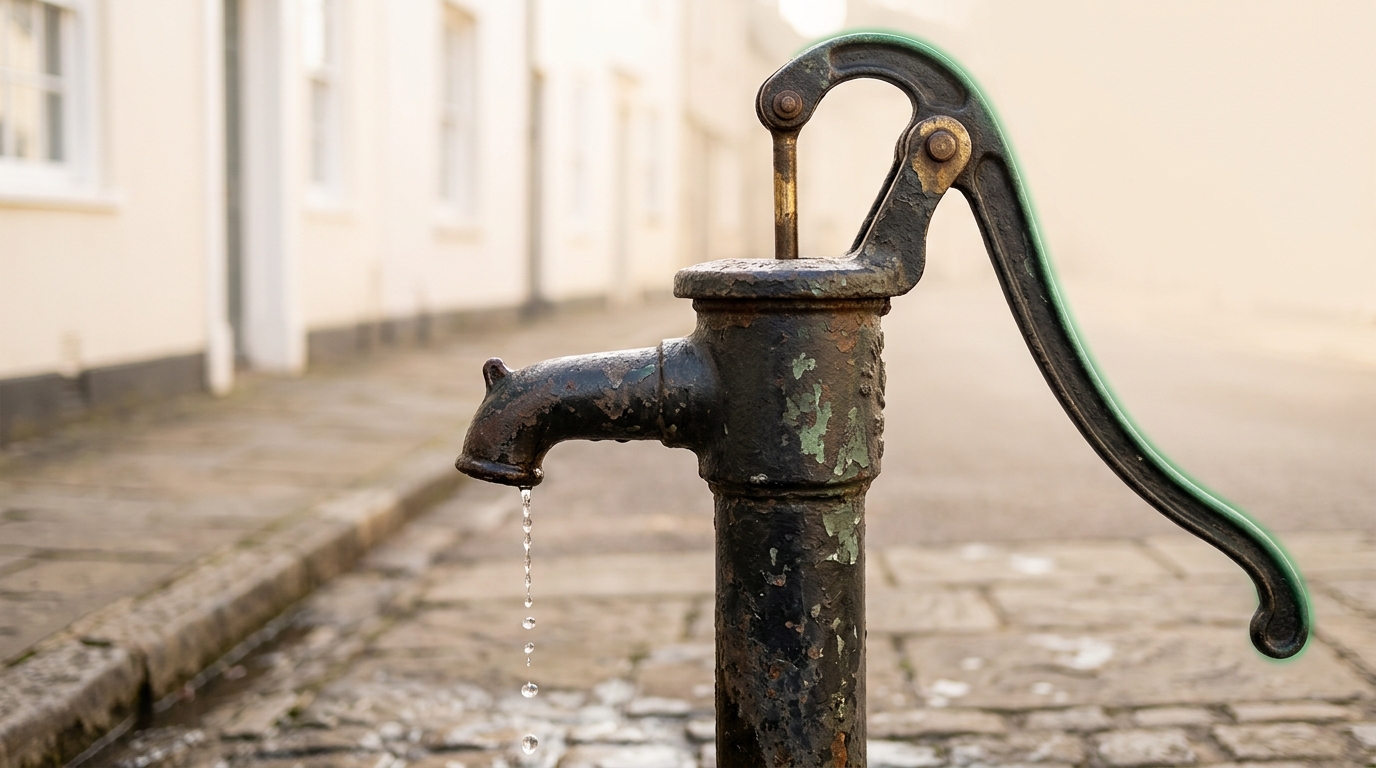 The swing handle of a cast iron street pump caught partway through its lift, the water at the spout below already broken into a string of separate falling drops with one last bead hanging at the mouth