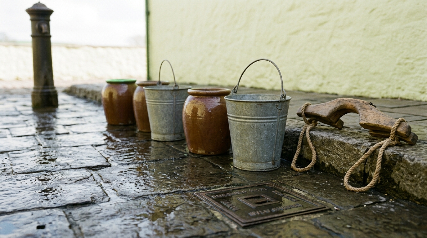 A queue of earthenware and galvanised vessels seen from ground level along wet flagstones, one gap opened at the head of the line, a small cast iron valve surface box set flush beside the kerb and a wooden shoulder yoke propped against it