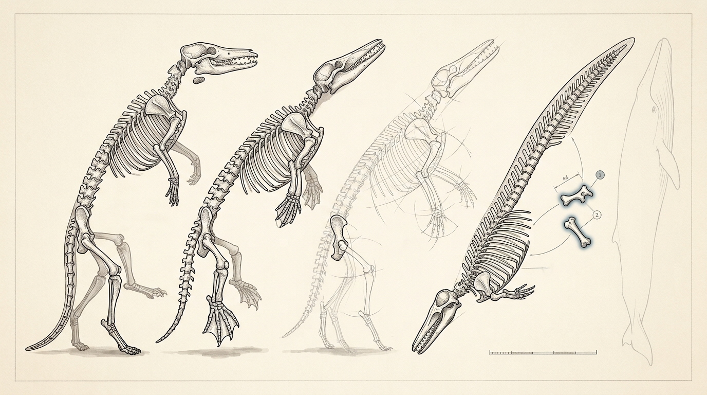 A comparative plate of four archaeocete whale skeletons — a wolf-sized wader, a robust-limbed swimmer, a small-legged protocetid, and an elongated fully aquatic form — drawn in lateral view to one common scale on a cream drafting sheet