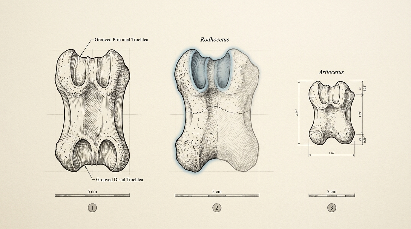 A comparative plate of three ankle bones drawn to one scale: a modern terrestrial artiodactyl's double-pulley astragalus, the astragalus of the fossil whale Rodhocetus, and that of Artiocetus, each with leader lines marking the grooved joint surface at both ends